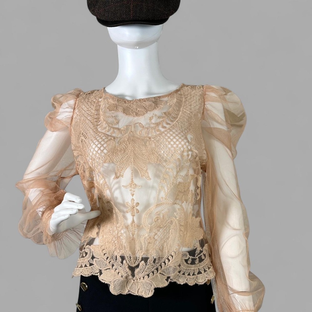 Peach Nude Lace Mesh Puff Sleeve Top Size‎ XL Sheer Embroidered Blouse